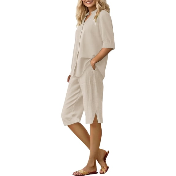 Women's Casual Suits Stylish Women's Cotton Linen Summer Suit with Wide Leg Pants Casual Loose Fit Two for Ladies for Summer