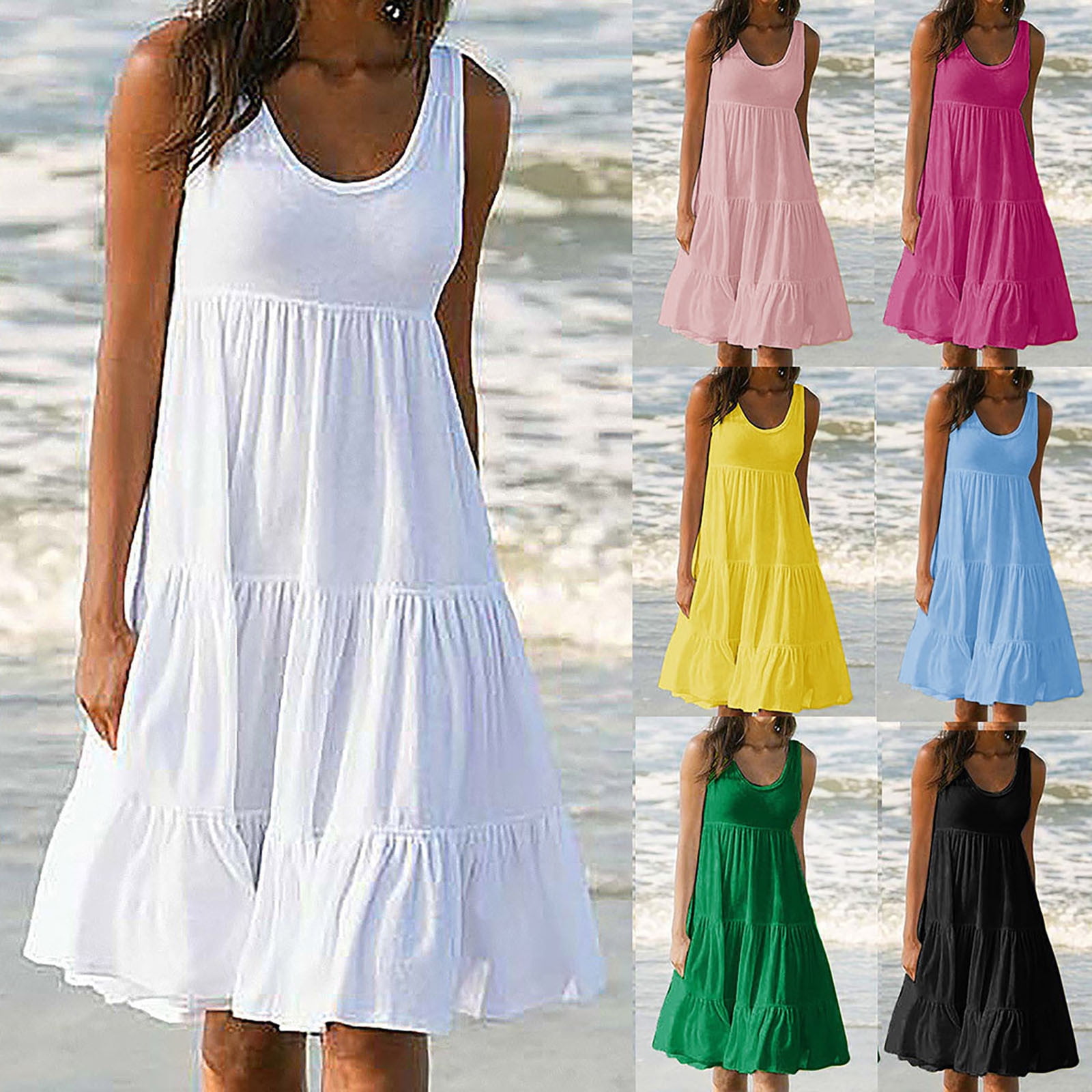 Women's Casual Summer 2024 Tiered Midi Dress Sleeveless Crew Neck Loose Ruffle Dress Smocked Elastic Waist Plus Size Boho Solid Color Sundress