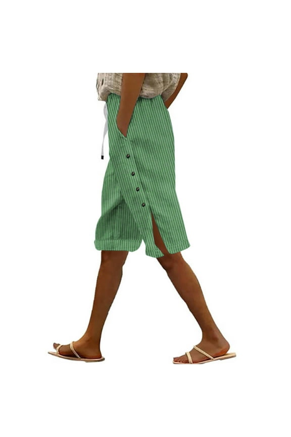 Women's Casual Summer Bermuda Shorts Pinstripe Side Split Button Knee Length Long Shorts with Pockets