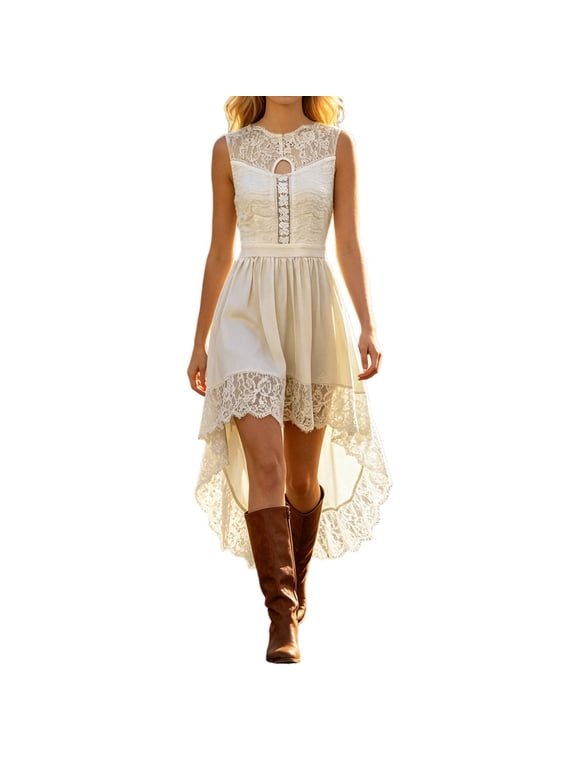 Women's Casual Summer Dress Bohemian Lace Hollow Out Dress For Flowy Dress With Embroidery And Floral Pattern Beach Vacation Dress