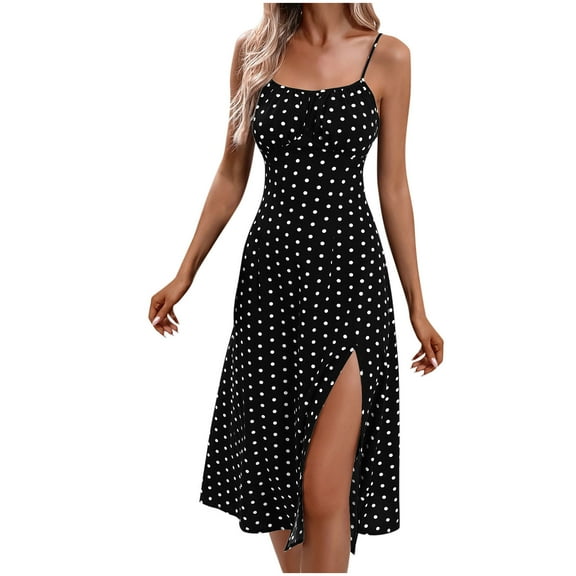 Besolor Women's Summer Dresses Polka Dots Spaghetti Strap Side Slit Midi Dress A-Line Flowy Party Beach Sundress