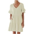 thumbnail image 1 of Women's Casual Summer Dress Cute V-Neck Short Sleeve Ruffle Tiered Dress Solid Baggy A Line Swing Mini Dress with Pocket (X-Large, Khaki), 1 of 8