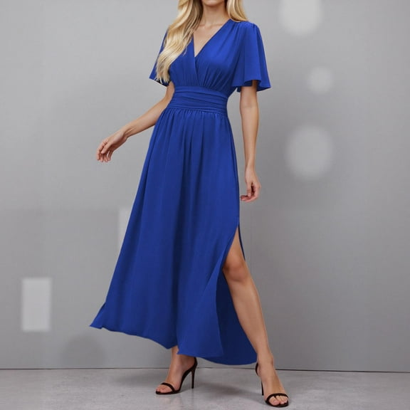 Women's Casual Summer Dress Elegant V Neck Flowy Short Sleeve Ruched A Line Party Dress for Daily Wear