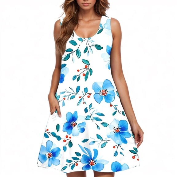 ZQUUVOU Women's Casual Summer Dress Floral Print Sleeveless Neck Knee Length Skirt Beach Dress Multicolor