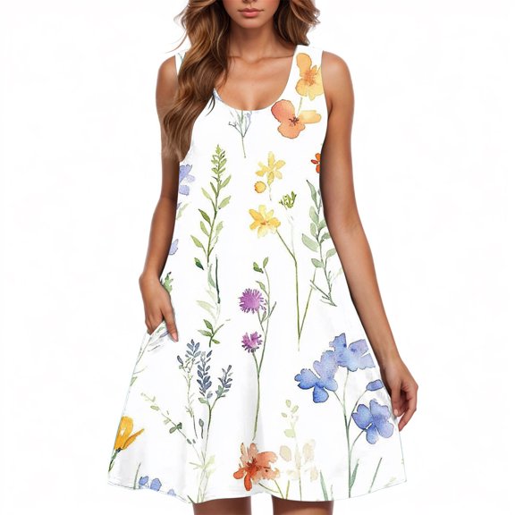 ZQUUVOU Women's Casual Summer Dress Floral Print Sleeveless Neck Knee Length Skirt Beach Dress Multicolor