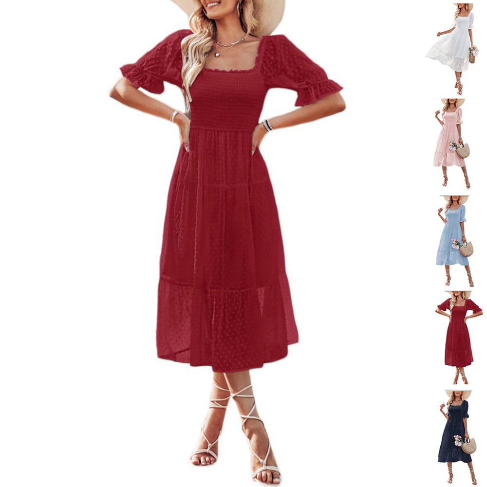 Women's Casual Summer Dress Short Sleeve Round Neck Flowy Swing Swiss