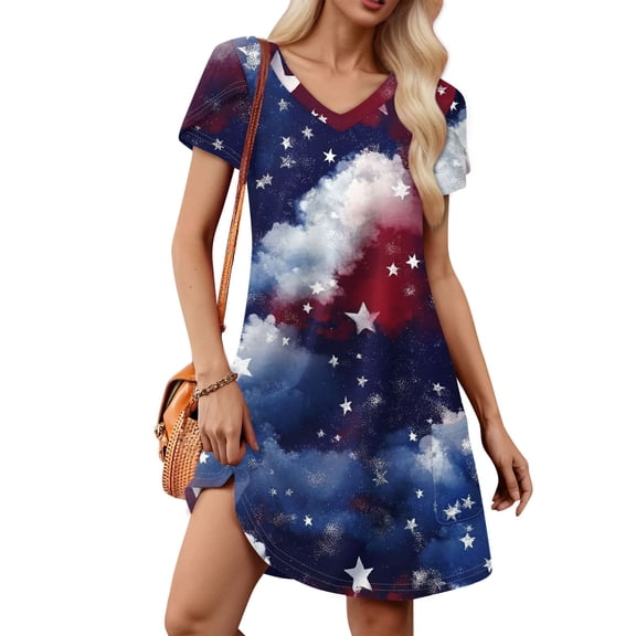Women's Casual Summer Dress, Short Sleeve V-Neck Star Print, Red White Blue, Comfortable Loose Fit for Daily Wear