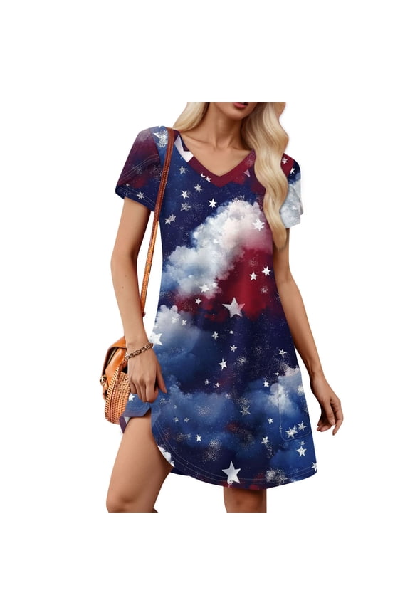 Women's Casual Summer Dress, Short Sleeve V-Neck Star Print, Red White Blue, Comfortable Loose Fit for Daily Wear