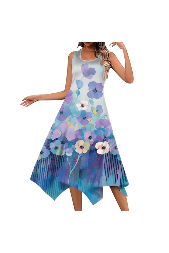 Women's Casual Summer Dress Sleeveless Handkerchief Hem Long Tank Dress Beach Dress With Pockets