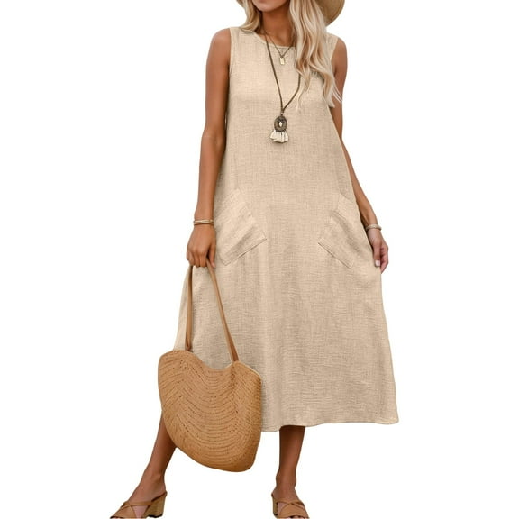 Women's Casual Summer Dress Sleeveless Round Neck Side Pocket Comfortable Everyday Wear Lightweight Breathable Loose Fit