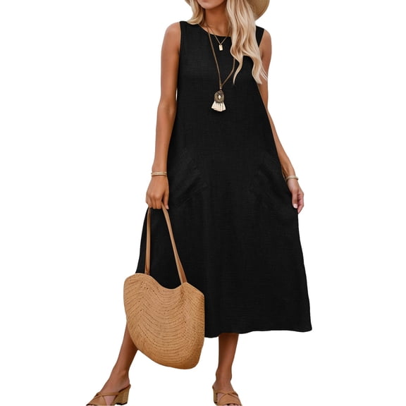 Women's Casual Summer Dress Sleeveless Round Neck Side Pocket Comfortable Everyday Wear Lightweight Breathable Loose Fit