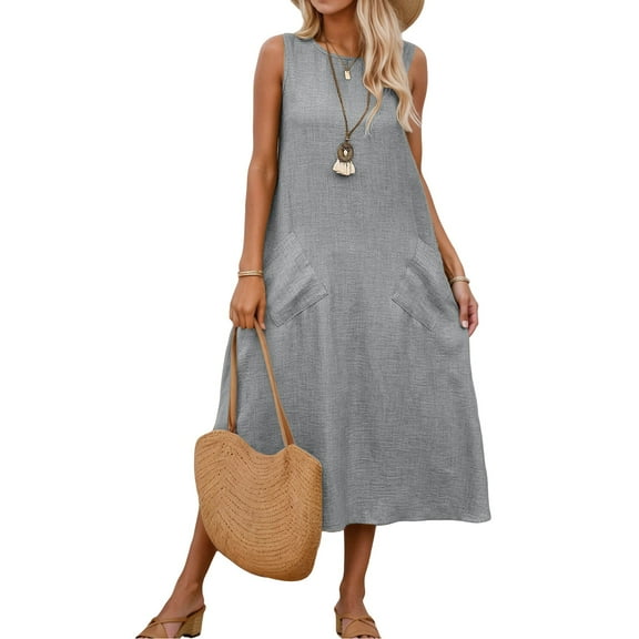 Women's Casual Summer Dress Sleeveless Round Neck Side Pocket Comfortable Everyday Wear Lightweight Breathable Loose Fit