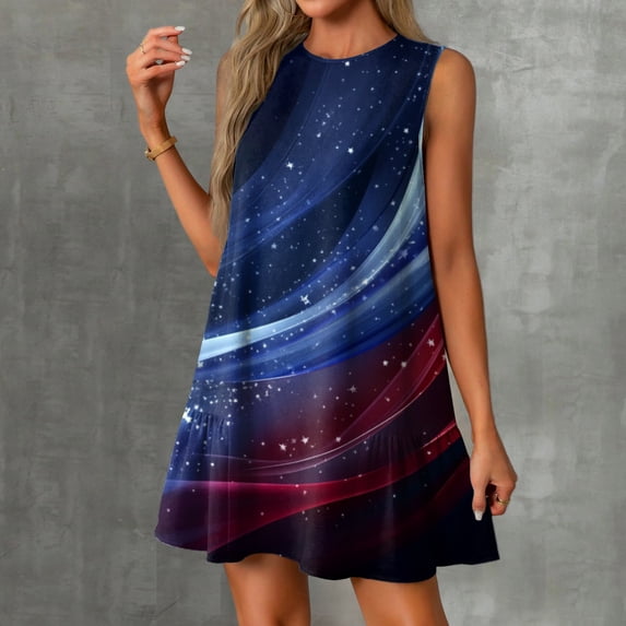 Women's Casual Summer Dress, Sleeveless Round Neck Sundress with Patriotic Print, Lightweight Outfit for Travel and Festivals,Blue 2XL