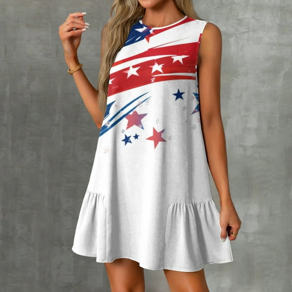 Women's Casual Summer Dress, Sleeveless Round Neck Sundress with Patriotic Print, Lightweight Outfit for Travel and Festivals,Hot Pink S