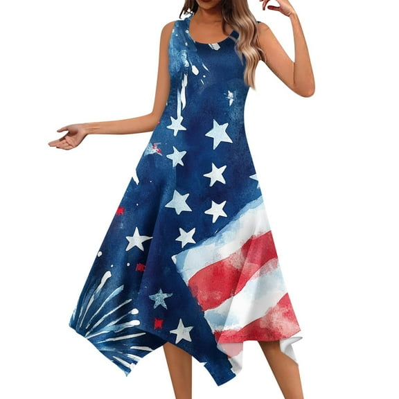 Women's Casual Summer Dress Sleeveless Round Neck Sundress with Patriotic Print, Unique Hemline for Beach Vacations,Blue XL
