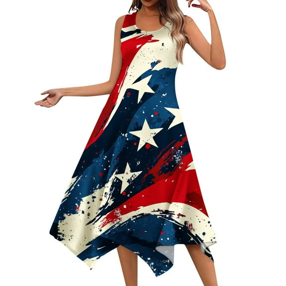 Women's Casual Summer Dress Sleeveless Round Neck Sundress with Patriotic Print, Unique Hemline for Beach Vacations,Dark Blue S