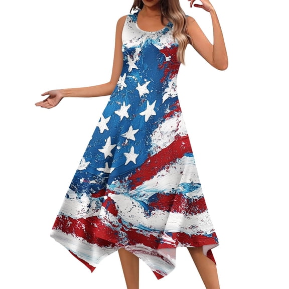 Women's Casual Summer Dress Sleeveless Round Neck Sundress with Patriotic Print, Unique Hemline for Beach Vacations,Light Blue L