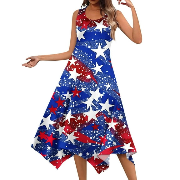 Women's Casual Summer Dress Sleeveless Round Neck Sundress with Patriotic Print, Unique Hemline for Beach Vacations,Sky Blue 2XL