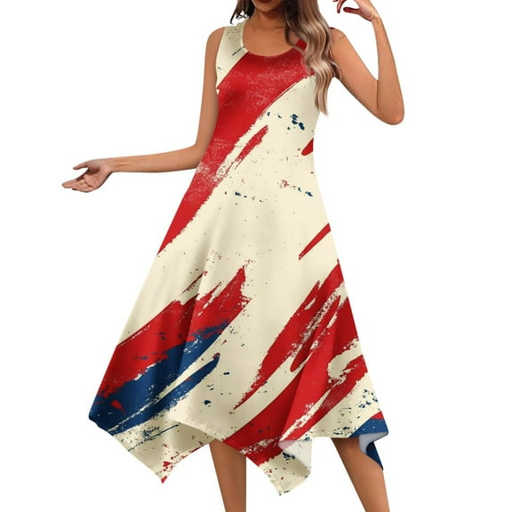 Women's Casual Summer Dress Sleeveless Round Neck Sundress with Patriotic Print, Unique Hemline for Beach Vacations,Vermilion XL
