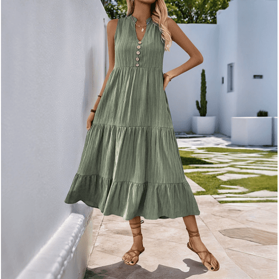 Women's Casual Summer Dress Sleeveless V Neck Button Beach Sundress Tiered Ruffle Flows Skirt Midi Dresses