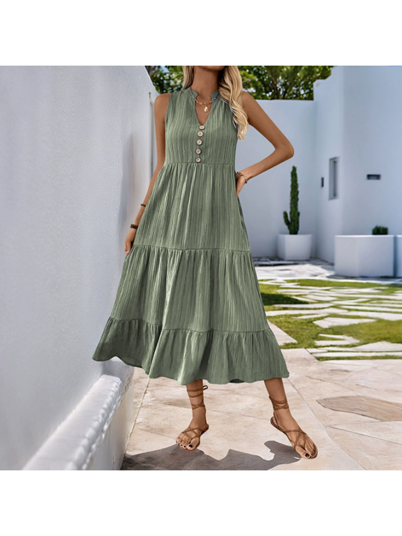 Women's Casual Summer Dress Sleeveless V Neck Button Beach Sundress Tiered Ruffle Flows Skirt Midi Dresses