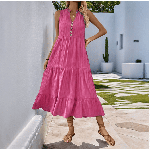 Women's Casual Summer Dress Sleeveless V Neck Button Beach Sundress Tiered Ruffle Flows Skirt Midi Dresses