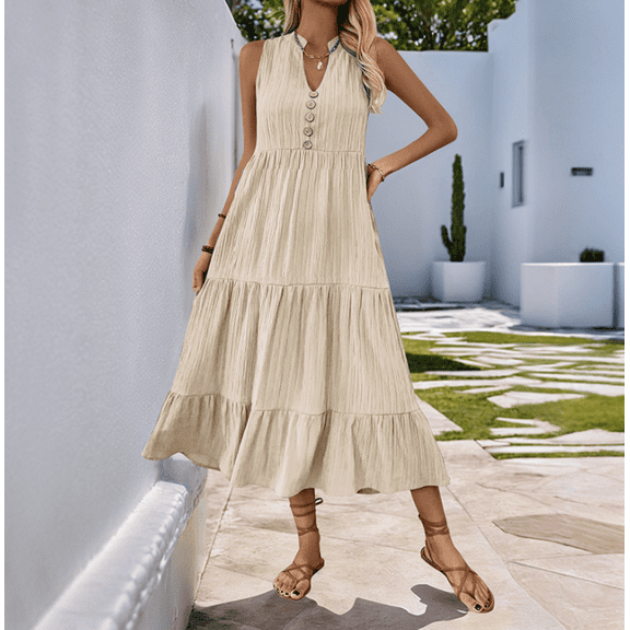 Women's Casual Summer Dress Sleeveless V Neck Button Beach Sundress Tiered Ruffle Flows Skirt Midi Dresses