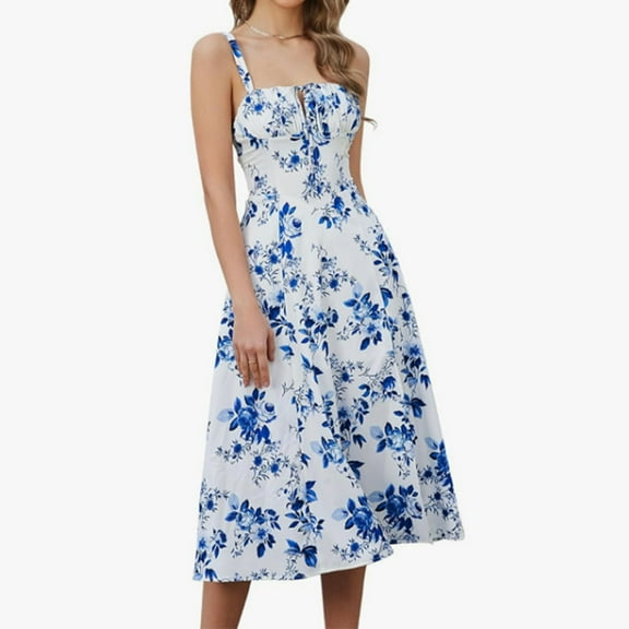 Women's Casual Summer Dress Slim Waist Side Slit Strappy Drawstring Flowy Comfortable Stylish Midi Length