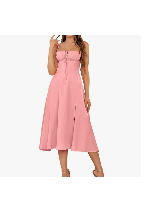 Women's Casual Summer Dress Slim Waist Side Slit Strappy Drawstring Flowy Comfortable Stylish Midi Length