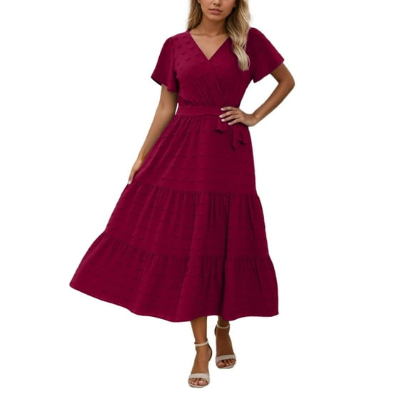 Women's Casual Summer Dress V Neck Bohemian Flowy Tie Waist Solid Color Short Sleeve Dress For Daily Wear With Jacquard Fabric