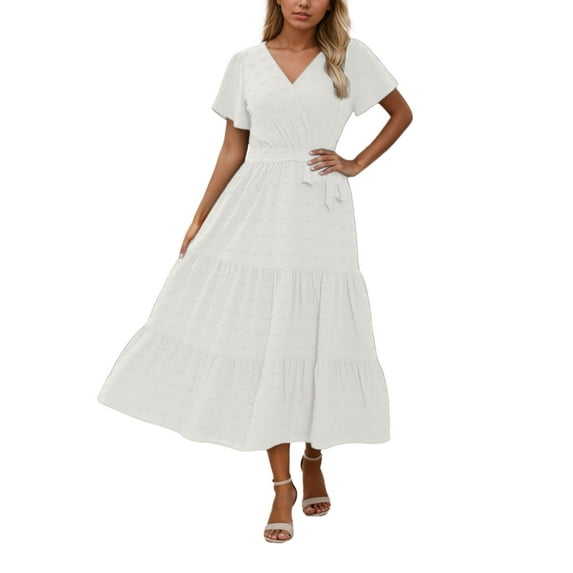 Women's Casual Summer Dress V Neck Bohemian Flowy Tie Waist Solid Color Short Sleeve Dress For Daily Wear With Jacquard Fabric