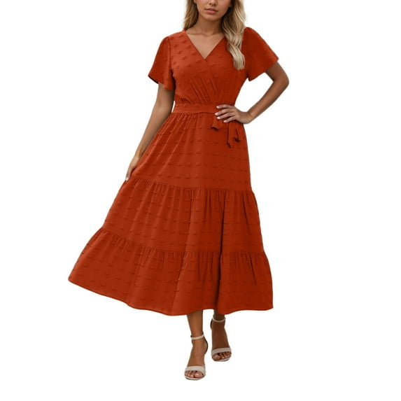Women's Casual Summer Dress V Neck Bohemian Flowy Tie Waist Solid Color Short Sleeve Dress For Daily Wear With Jacquard Fabric