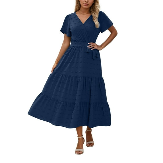 Women's Casual Summer Dress V Neck Bohemian Flowy Tie Waist Solid Color Short Sleeve Dress For Daily Wear With Jacquard Fabric