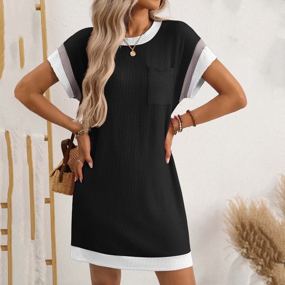 Women's Casual Summer Dresses Ribbed Knit Colorblock Crewneck Short Sleeve Soft Dress for Women with Patch Pockets