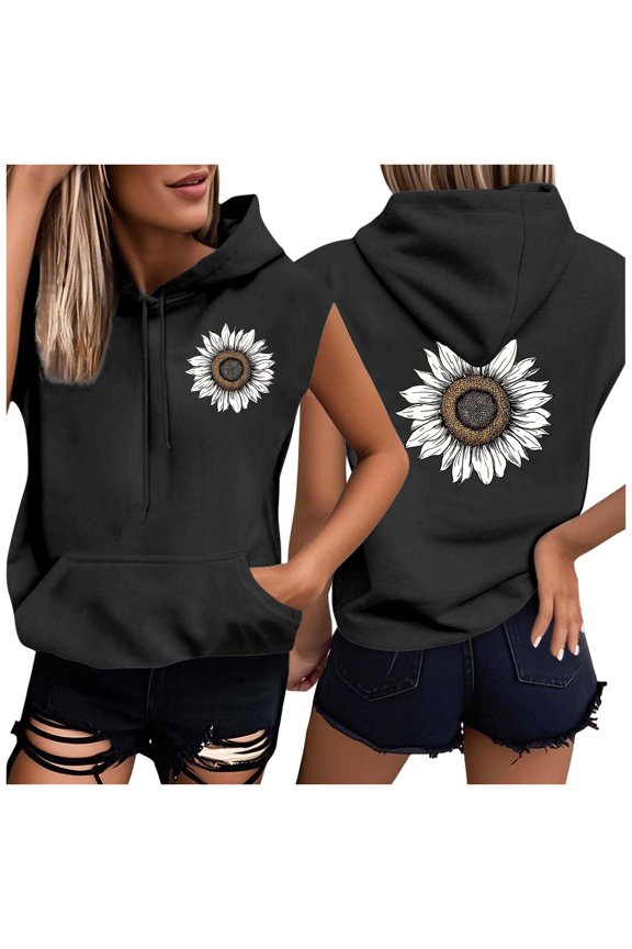 Women's Casual Summer Hoodies Sleeveless Drawstring Tops Front And Back Printed Pullover T-Shirts Black 2XL