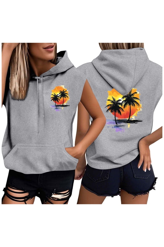 Women's Casual Summer Hoodies Sleeveless Drawstring Tops Front And Back Printed Pullover T-Shirts Gray 2XL