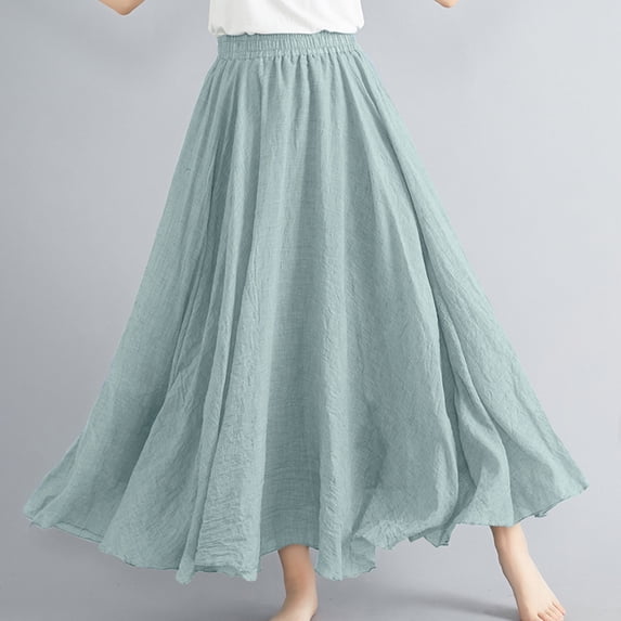Women's Casual Summer Large Solid Elastic Waist Flax-Line Ankle Length Skirt
