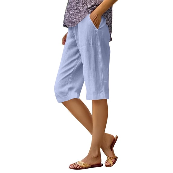 Women's Casual Summer Linen Shorts Drawstring Elastic Waist Knee Length Curling Jersey Bermuda Shorts Sky Blue L