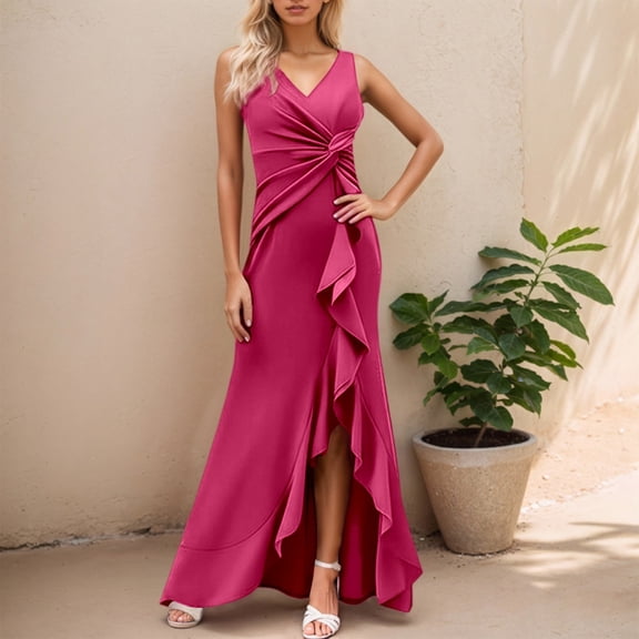 Women's Casual Summer Maxi Dress Flowy Boho Elegant Pure Color Waist Tie Comfortable