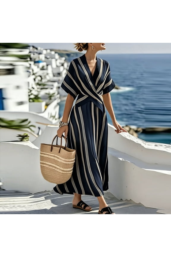 Women's Casual Summer Maxi Dress V Neck Short Sleeve Wrap Waist Flowy A-Line Long Dress Striped Print Elegant Holiday Beach Sundress For Date Night And Travel