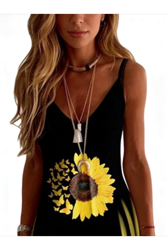Sleeveless Relaxed Fit Sunflower Print Dresses (Women's)