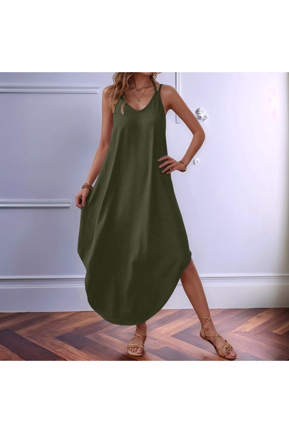 Women's Casual Summer Maxi Sleeveless V Neck Split Boho Beach Dress Travel Vacation Dress With Pockets Casual Wrap Dresses for Women with Sleeves Aline Summer Dresses for Women Summer Long Dress with