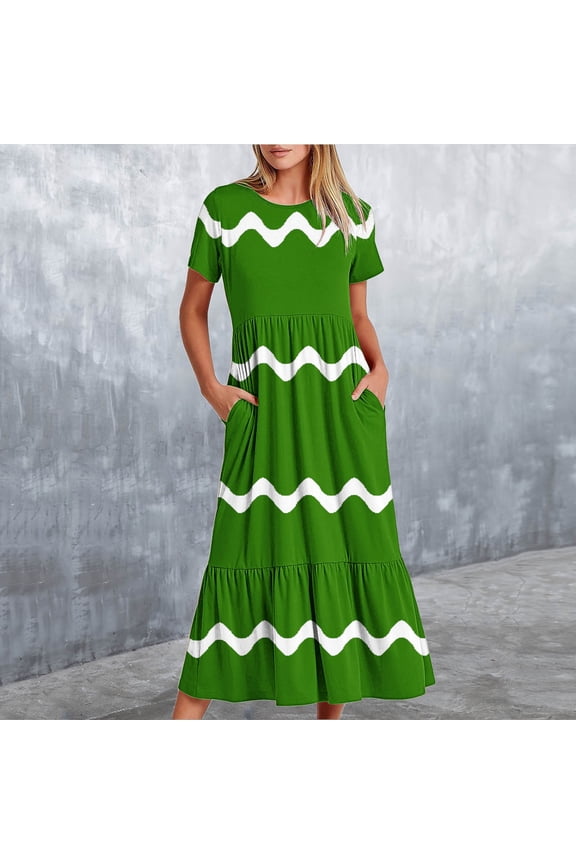 Women's Casual Summer Midi Dress, Short Sleeve Round-Neck Loose Fit, Wave Stripe Print with Pockets, Comfortable Daily Dress