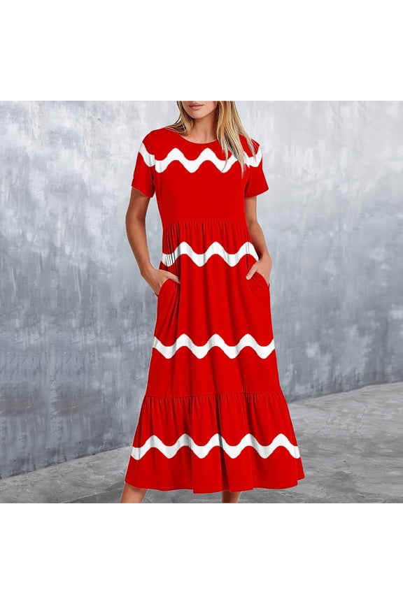 Women's Casual Summer Midi Dress, Short Sleeve Round-Neck Loose Fit, Wave Stripe Print with Pockets, Comfortable Daily Dress