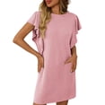 thumbnail image 1 of Women's Casual Summer Mini Dress Crewneck, Ruffle Cap Sleeve, Textured Striped, Made of 75% Viscose Rayon / 25% Polyester, for Various Events, 1 of 3