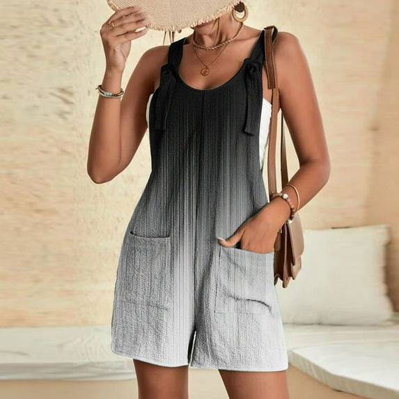 Women’s Casual Summer Rompers Overalls Tie Knot Strap Shorts Jumpsuit,Summer Short Rompers for Women 2023 Loose Sleeveless Cotton Linen Overalls with Pockets