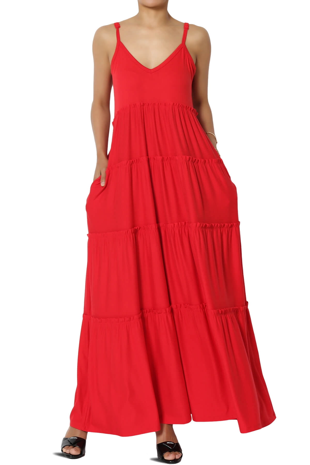 Women's Casual Summer Ruffle Tiered VNeck Cami Sun Long Maxi Dress w