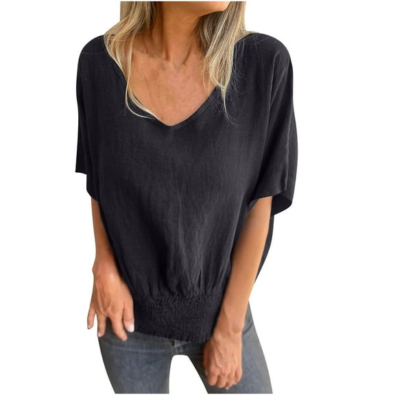 ZQUUVOU Women's Casual Summer Shirt Loose Solid Color Tie Short Sleeved V-Neck Top Shirt Black