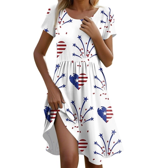 Women's Casual Summer Short Sleeve American Flag Heart Print Midi Dress for 4th of July Celebrations, Patriotic Events, Round Neck Loose Fit Comfortable Daily Wear,Blue S