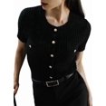 thumbnail image 1 of Women's Casual Summer Short Sleeve Cardigan Button Down Knitted Sweater Basic Crew Neck Crop Tops Black S, 1 of 7